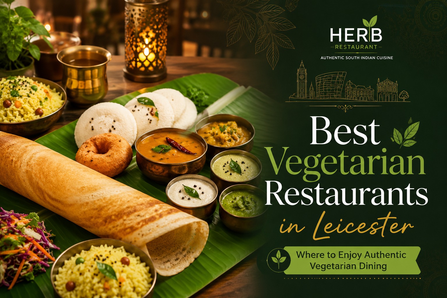 A South Indian vegetarian thali with dosa, idli and curries at Herb Restaurant Leicester