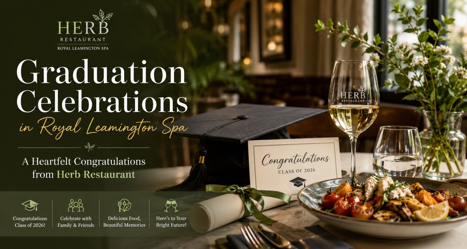 A graduation cap and a plate of food on a table at Herb Restaurant, celebrating the Class of 2026