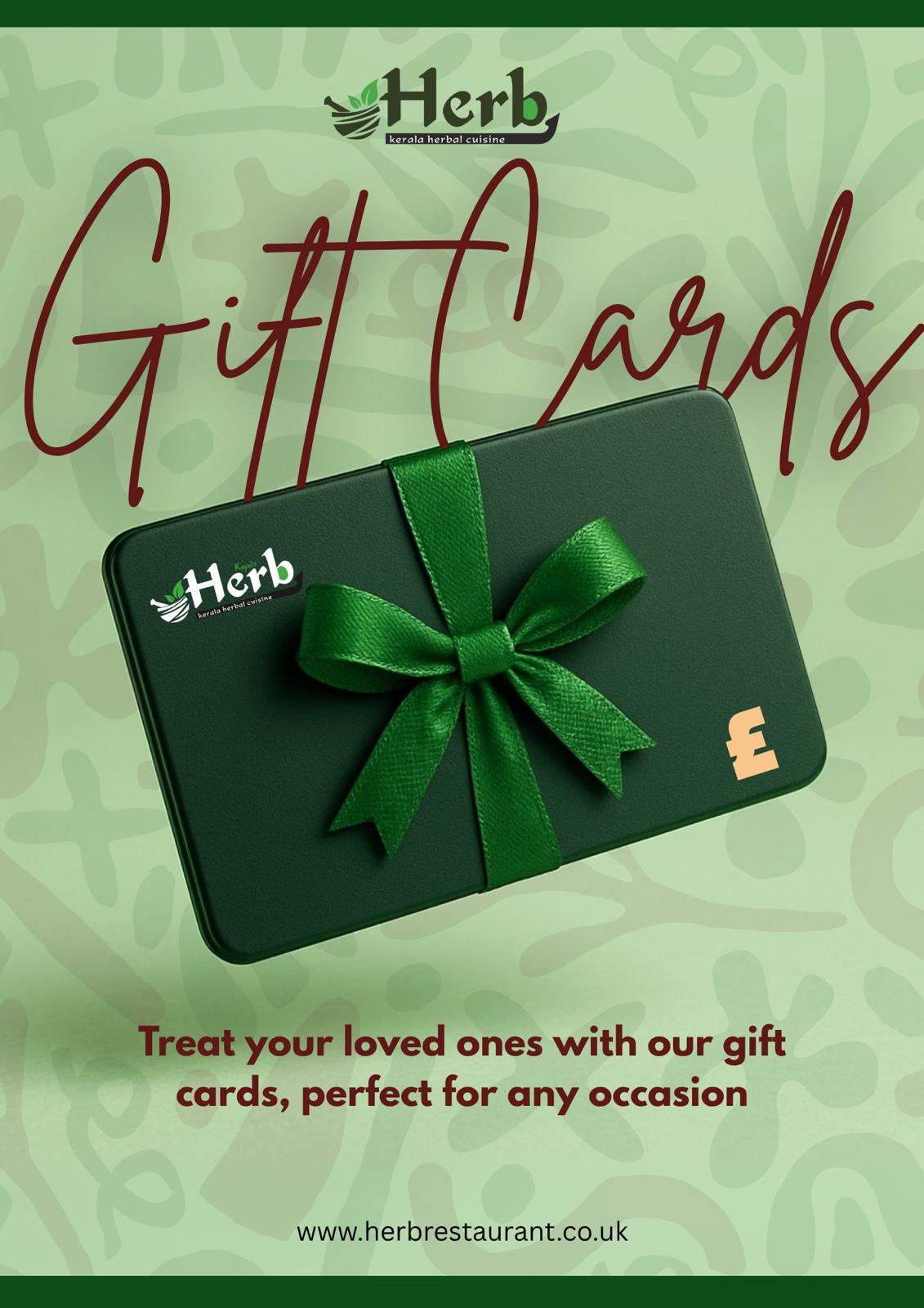 A Herb Restaurant gift card wrapped with a green ribbon
